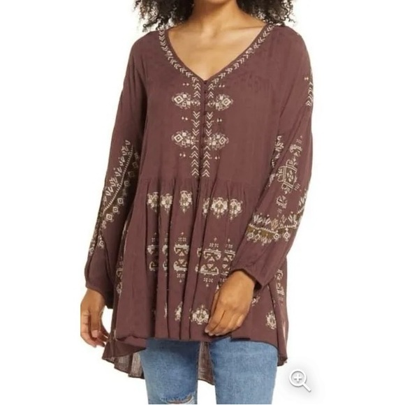🆕 FREE PEOPLE Arianna Embroidered Tunic Deep V-Neck Long Sleeves - Picture 2 of 11